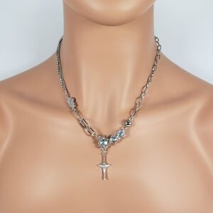Brand New Silver Cross With Green Stone Necklace